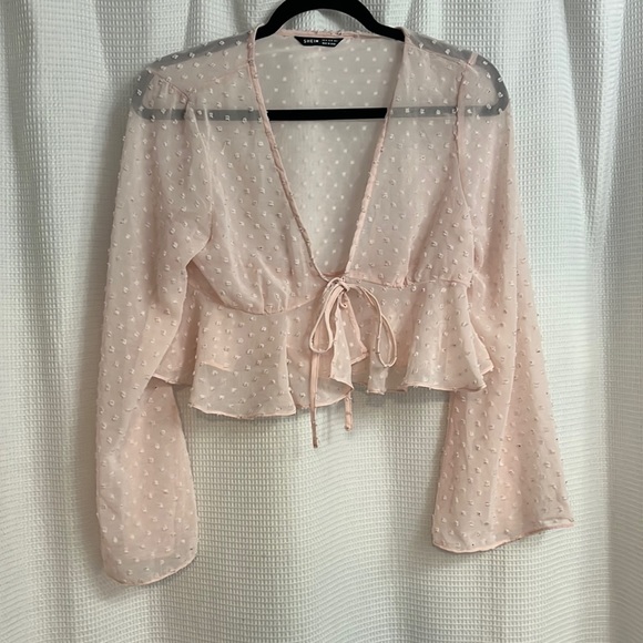 Shein sheer pink long sleeve wrap shirt - Picture 1 of 1